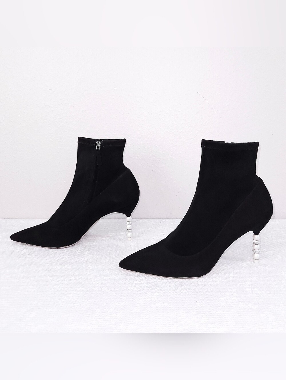 Sophia Webster Black Velvet Suede Crystal Heeled Booties